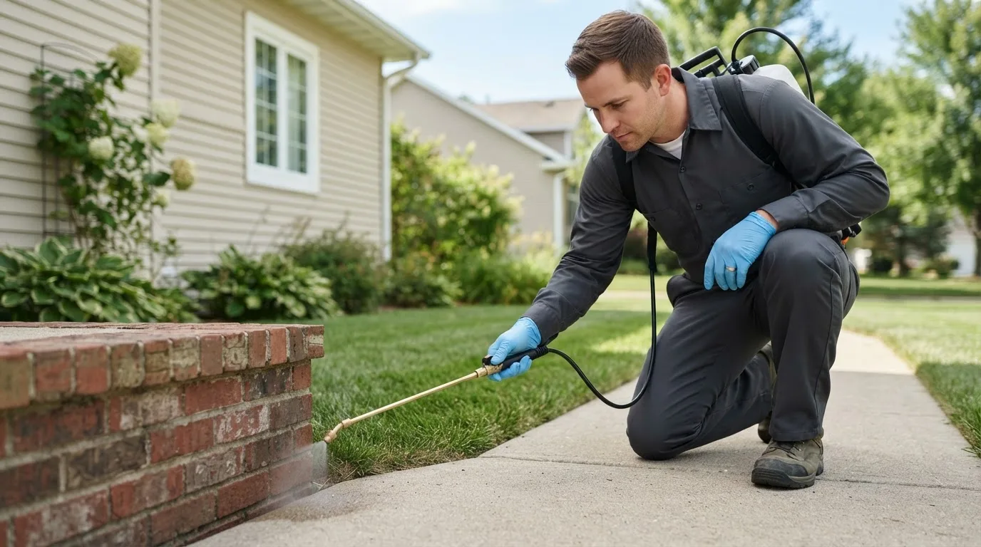 Pest control technician treating a home near Canton, KS